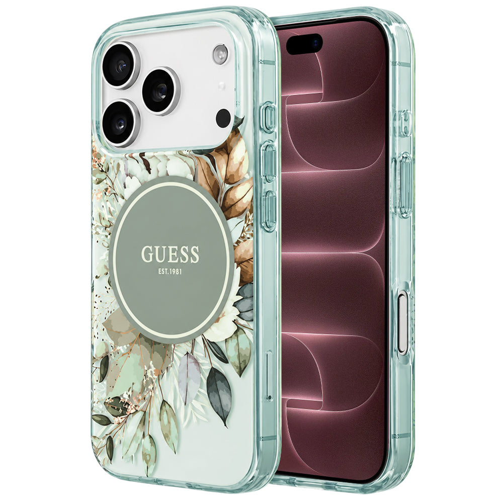 MagSafe Case for Apple iPhone 18 Pro Max / 17 Pro Max, Guess, IML Flower & Tonal Circle, Green