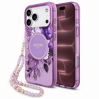 MagSafe Case for Apple iPhone 18 Pro Max / 17 Pro Max, Guess, IML Flowers with Pearl Strap, Purple