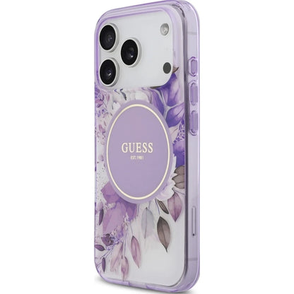 MagSafe Case for Apple iPhone 18 Pro Max / 17 Pro Max, Guess, IML Flowers with Pearl Strap, Purple