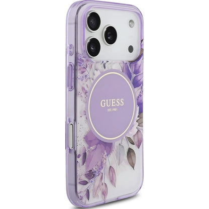 MagSafe Case for Apple iPhone 18 Pro Max / 17 Pro Max, Guess, IML Flowers with Pearl Strap, Purple