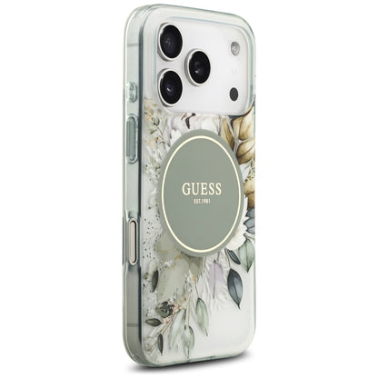 MagSafe Case for Apple iPhone 18 Pro Max / 17 Pro Max, Guess, IML Flowers with Pearl Strap, Green