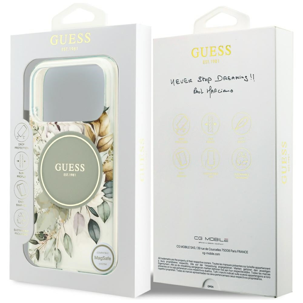 MagSafe Case for Apple iPhone 18 Pro Max / 17 Pro Max, Guess, IML Flowers with Pearl Strap, Green