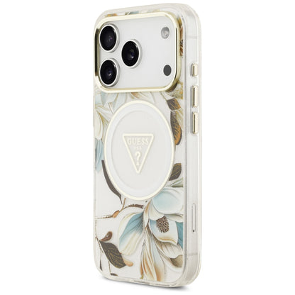 MagSafe Case for Apple iPhone 18 Pro Max / 17 Pro Max, Guess, IML Metal Glitter Flowers Triangle, White