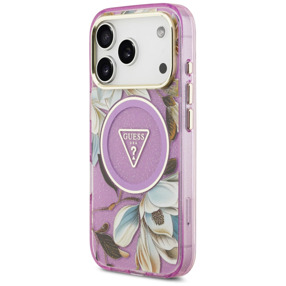 MagSafe Case for Apple iPhone 18 Pro Max / 17 Pro Max, Guess, IML Metal Glitter Flowers Triangle, Purple