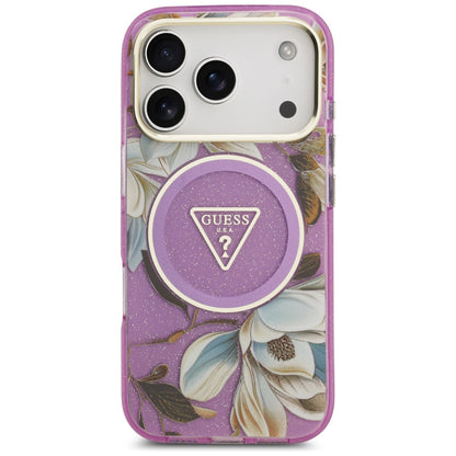 MagSafe Case for Apple iPhone 18 Pro Max / 17 Pro Max, Guess, IML Metal Glitter Flowers Triangle, Purple