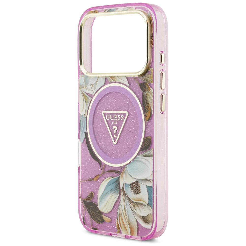 MagSafe Case for Apple iPhone 18 Pro Max / 17 Pro Max, Guess, IML Metal Glitter Flowers Triangle, Purple