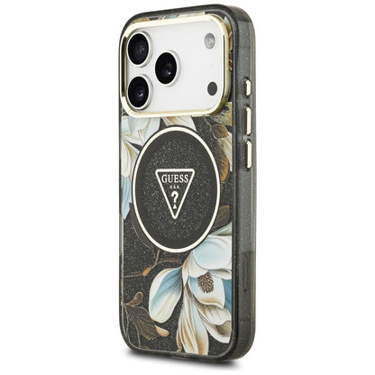 MagSafe Case for Apple iPhone 18 Pro Max / 17 Pro Max, Guess, IML Metal Glitter Flowers Triangle, Black