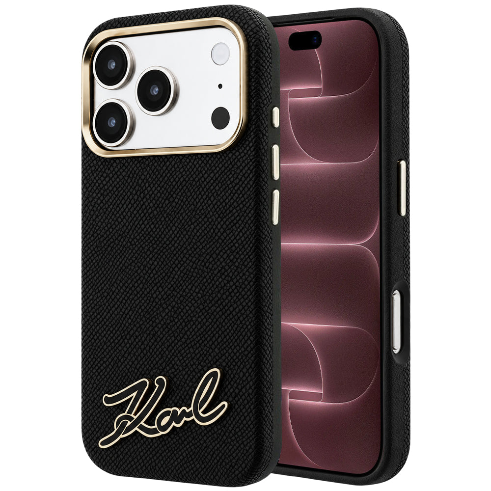 MagSafe Case for Apple iPhone 18 Pro Max / 17 Pro Max, Karl Lagerfeld, Grained Resin Sign Logo, Black