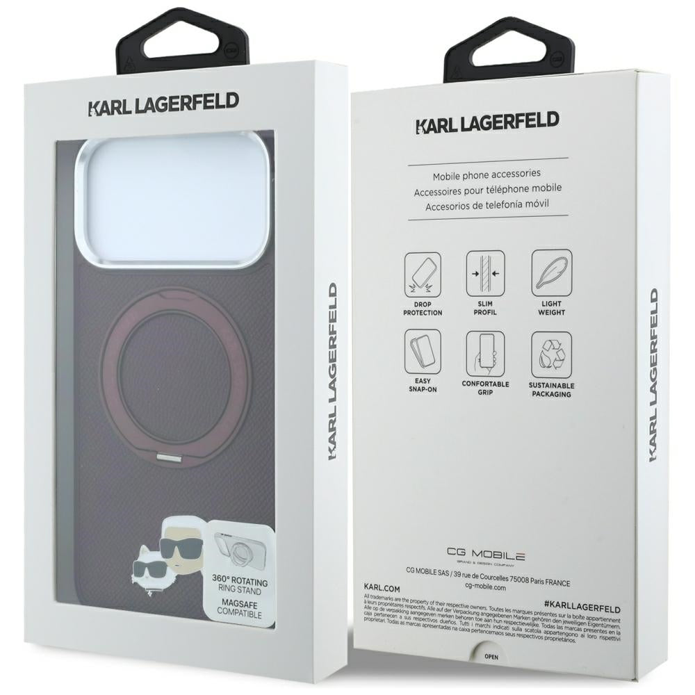 MagSafe Case for Apple iPhone 18 Pro Max / 17 Pro Max, Karl Lagerfeld, Ring Stand 360 Karl & Choupette Pin, Burgundy