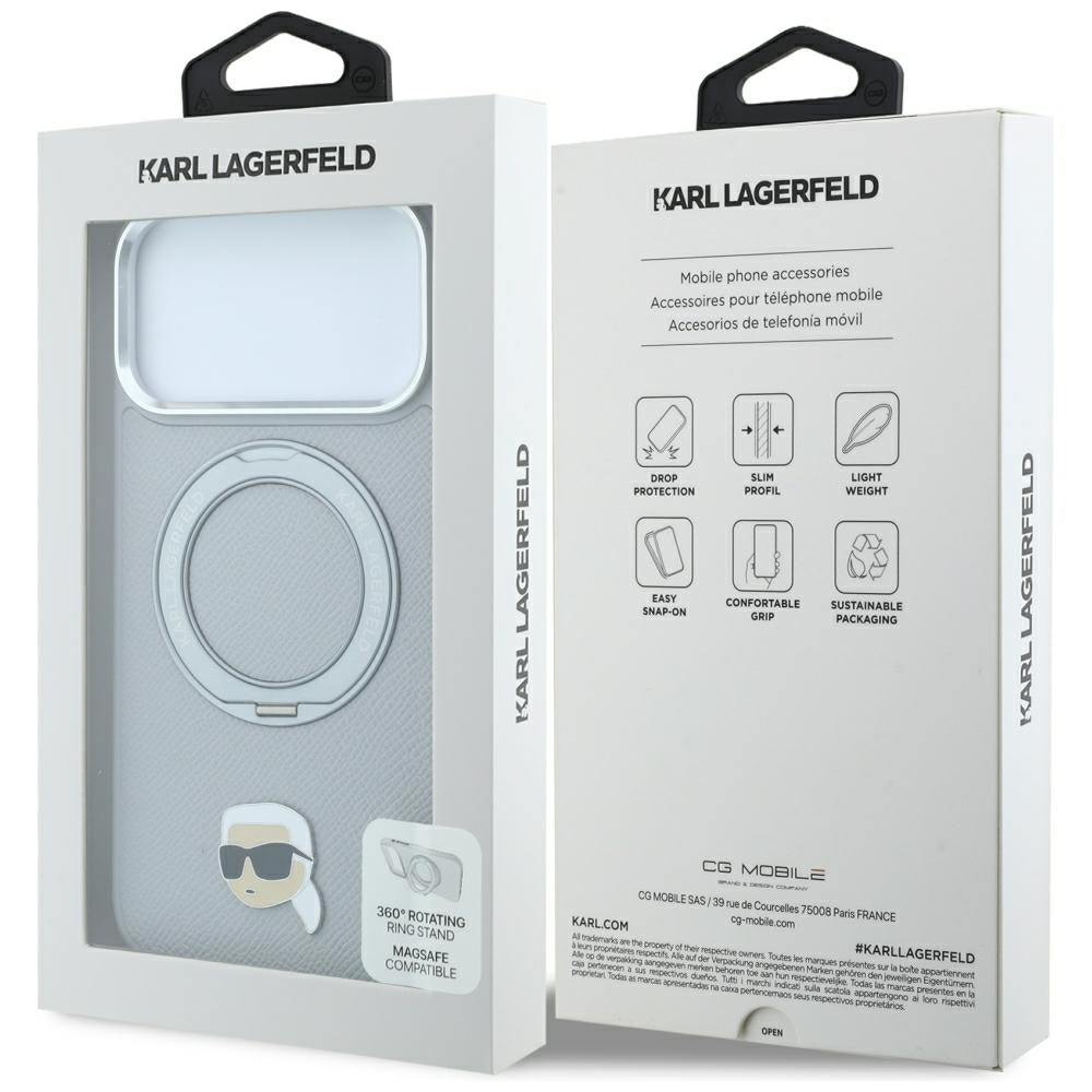 MagSafe Case for Apple iPhone 18 Pro Max / 17 Pro Max, Karl Lagerfeld, Ring Stand 360 Karl Pin, Gray