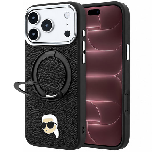 MagSafe Case for Apple iPhone 18 Pro Max / 17 Pro Max, Karl Lagerfeld, Ring Stand 360 Karl Pin, Black