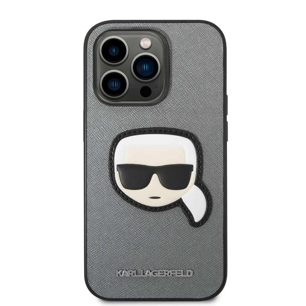 Case for Apple iPhone 14 Pro, Karl Lagerfeld, Saffiano Karl's Head, Silver