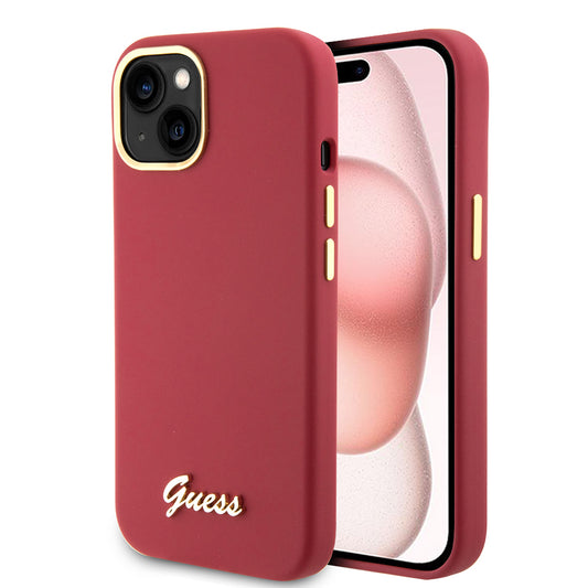Case for Apple iPhone 15, Guess, Script Metal Logo & Frame, Pink