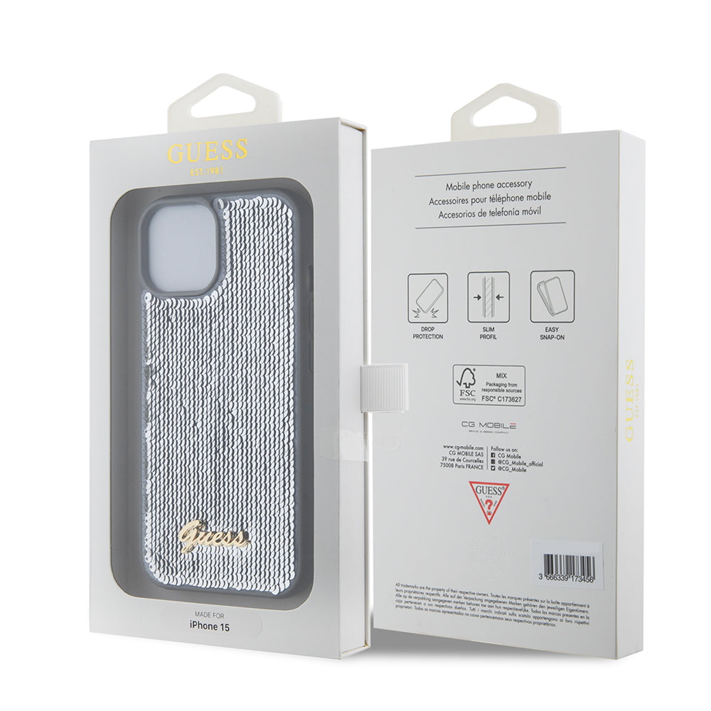 Case for Apple iPhone 15, Guess, Sequin Script Metal, Silver