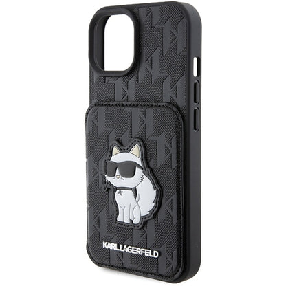 Case for Apple iPhone 15, Karl Lagerfeld, Saffiano Cardslots and Stand Monogram Choupette, Black