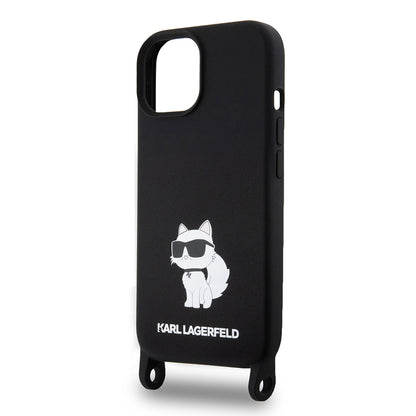 Case for Apple iPhone 15, Karl Lagerfeld, Silicone Crossbody Choupette, Black