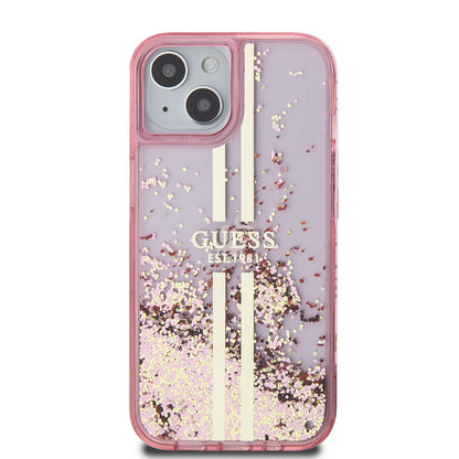 Case for Apple iPhone 15 Plus, Guess, Liquid Glitter Gold Stripes, Pink