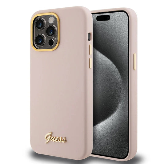Case for Apple iPhone 15 Pro, Guess, Script Metal Logo & Frame, Light Pink