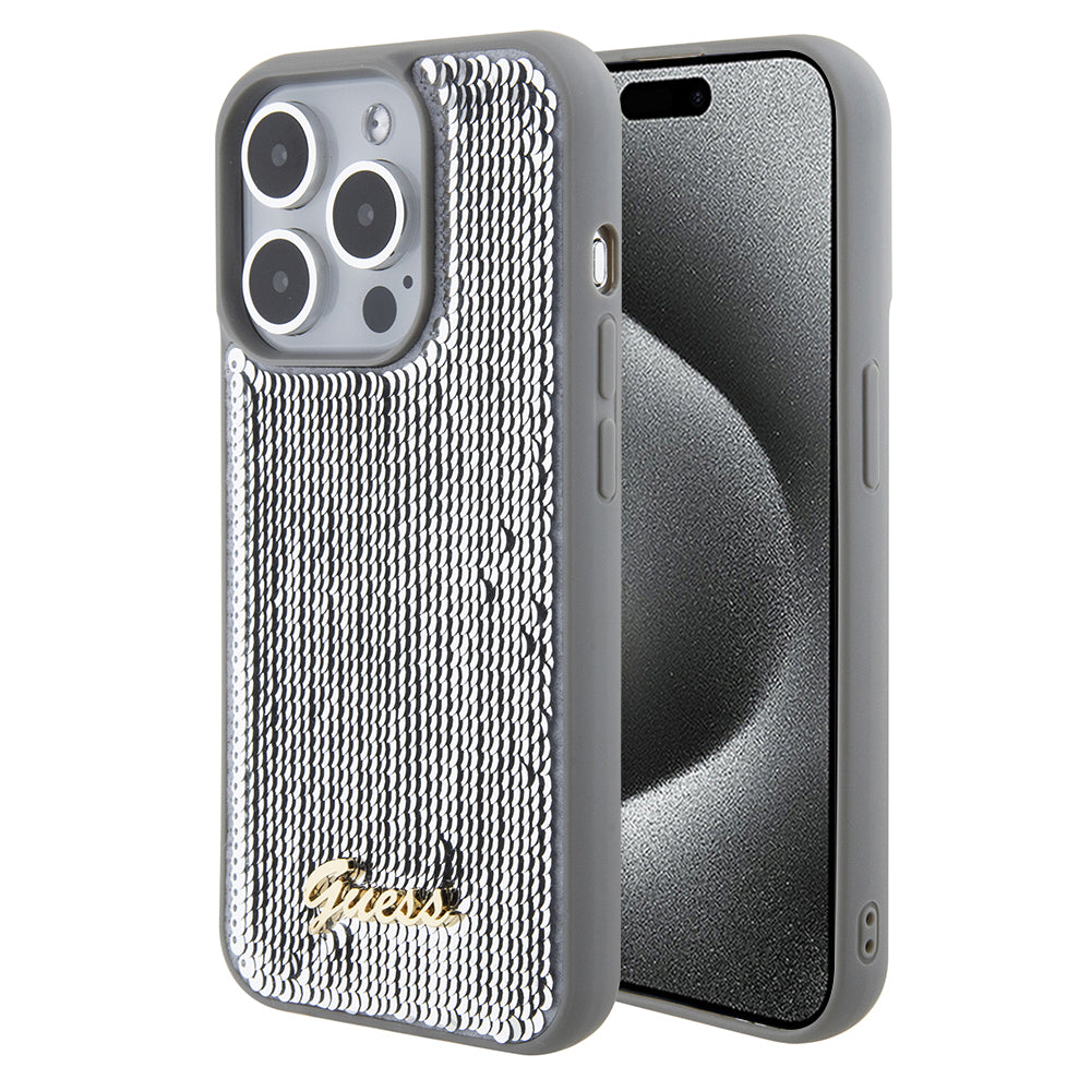 Case for Apple iPhone 15 Pro, Guess, Sequin Script Metal, Silver