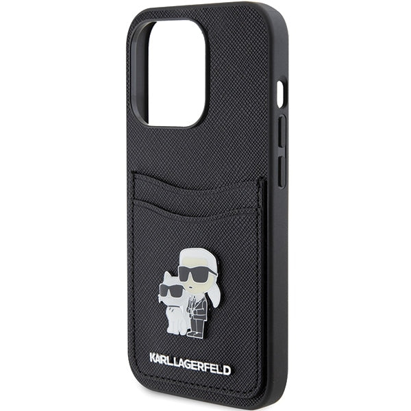 Case for Apple iPhone 15 Pro, Karl Lagerfeld, Saffiano Card Slot Metal Karl & Choupette, Black
