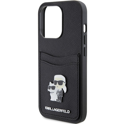 Case for Apple iPhone 15 Pro, Karl Lagerfeld, Saffiano Card Slot Metal Karl & Choupette, Black
