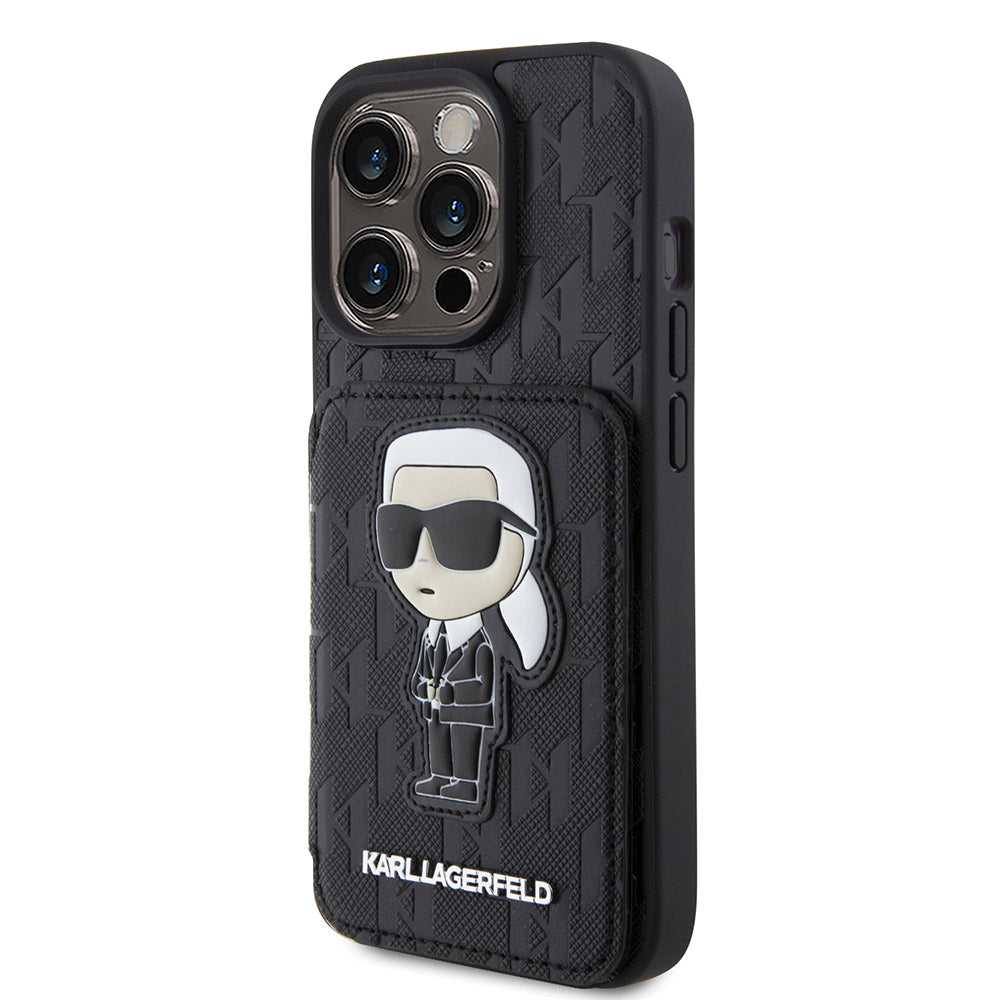 Case for Apple iPhone 15 Pro, Karl Lagerfeld, Saffiano Cardslots and Stand Monogram Ikonik Karl, Black