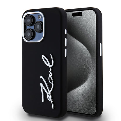 Case for Apple iPhone 15 Pro, Karl Lagerfeld, Silicone Metal Script Logo, Black