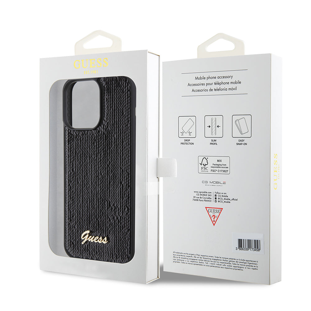 Case for Apple iPhone 15 Pro Max, Guess, Sequin Script Logo, Black GUHCP15XPSFDGSK
