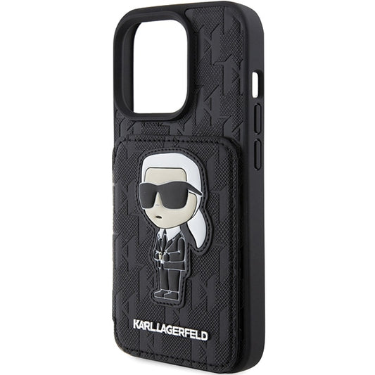 Case for Apple iPhone 15 Pro Max, Karl Lagerfeld, Saffiano Cardslots and Stand Monogram Ikonik Karl, Black