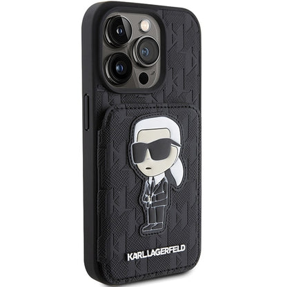 Case for Apple iPhone 15 Pro Max, Karl Lagerfeld, Saffiano Cardslots and Stand Monogram Ikonik Karl, Black