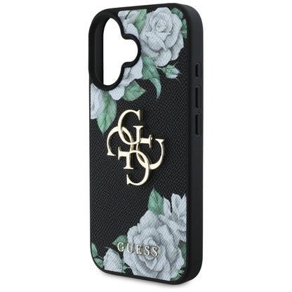 Case for Apple iPhone 16, Guess, 4G Grained Roses Big Logo, Black