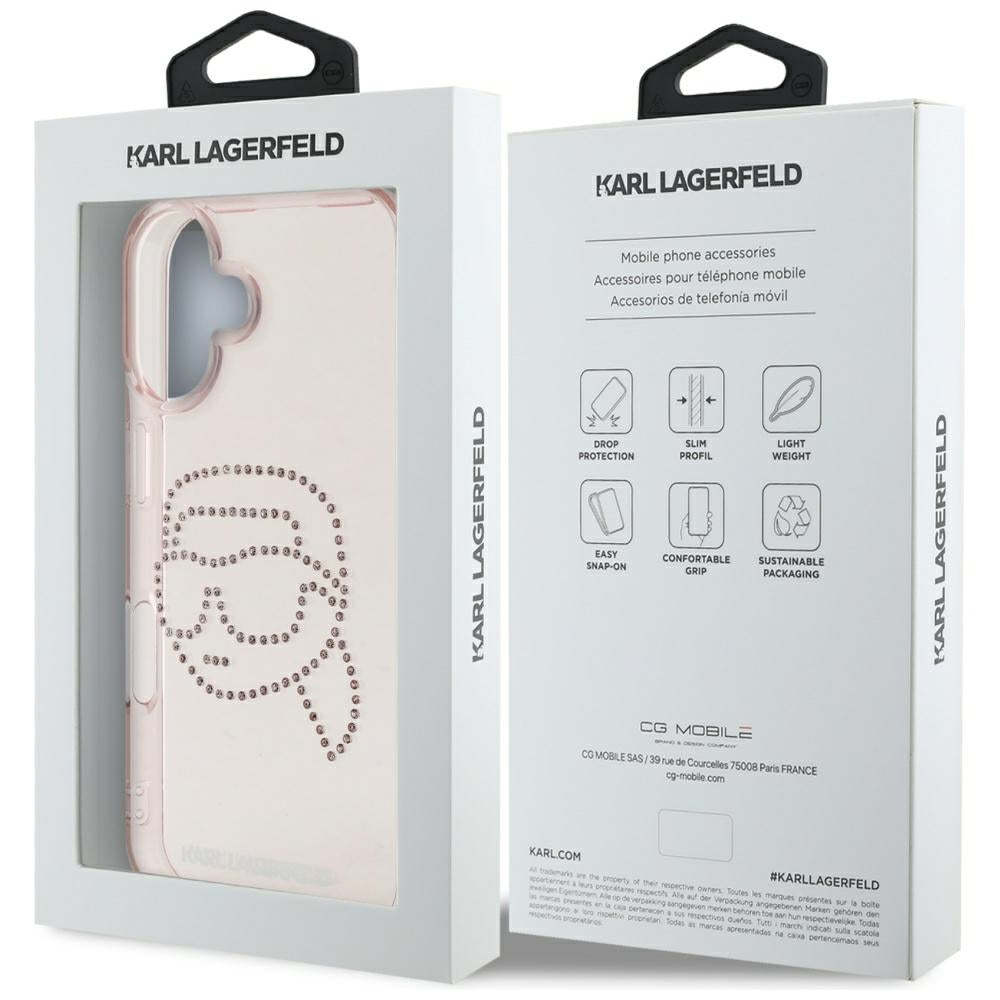 Case for Apple iPhone 16, Karl Lagerfeld, IML Rhinestones Karl's Head, Pink