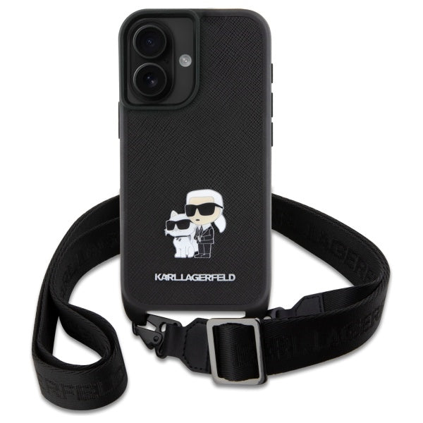 Case for Apple iPhone 16, Karl Lagerfeld, Saffiano Crossbody Metal Pin Karl & Choupette, White