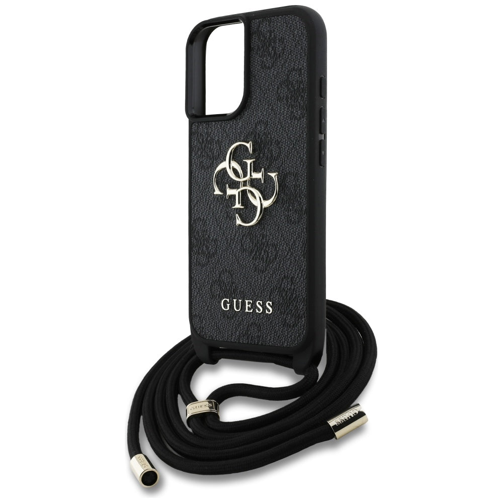 Case for Apple iPhone 16 Plus, Guess, 4G CBDY Big Logo with Cord Strap, Black