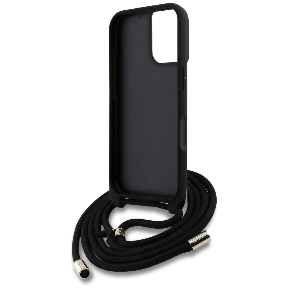 Case for Apple iPhone 16 Plus, Guess, 4G CBDY Big Logo with Cord Strap, Black