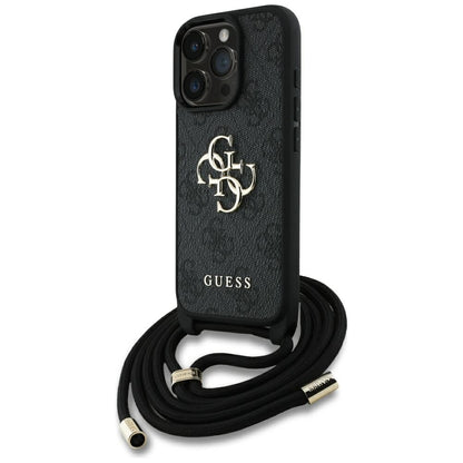 Case for Apple iPhone 16 Pro, Guess, 4G CBDY Big Logo with Cord Strap, Black