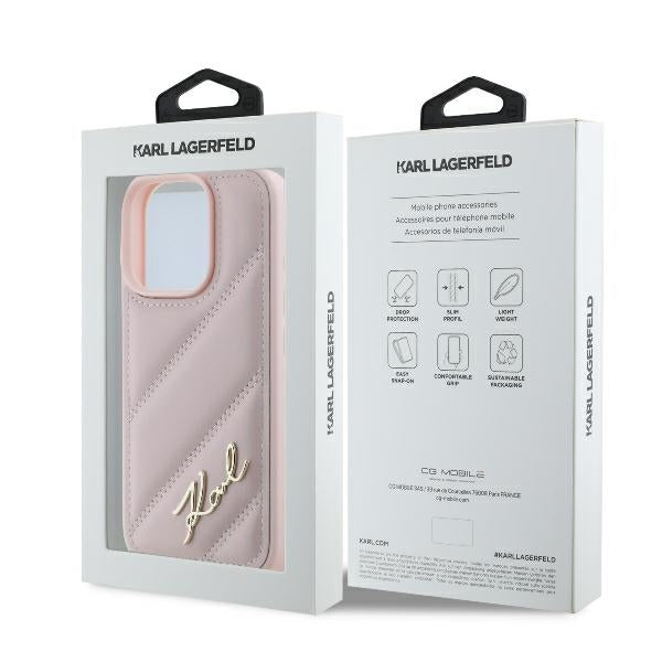 Case for Apple iPhone 16 Pro, Karl Lagerfeld, Diagonal Quilted Script, Pink