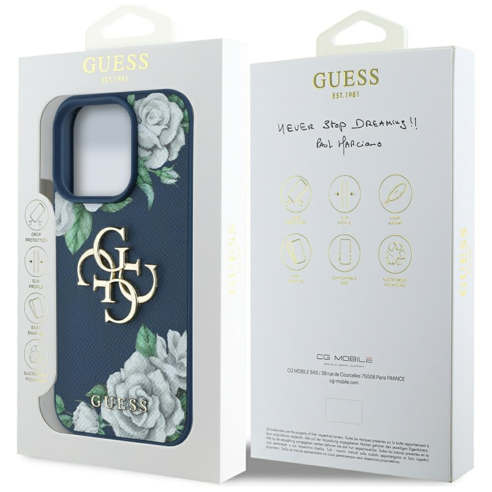 Case for Apple iPhone 16 Pro Max, Guess, 4G Grained Roses Big Logo, Blue