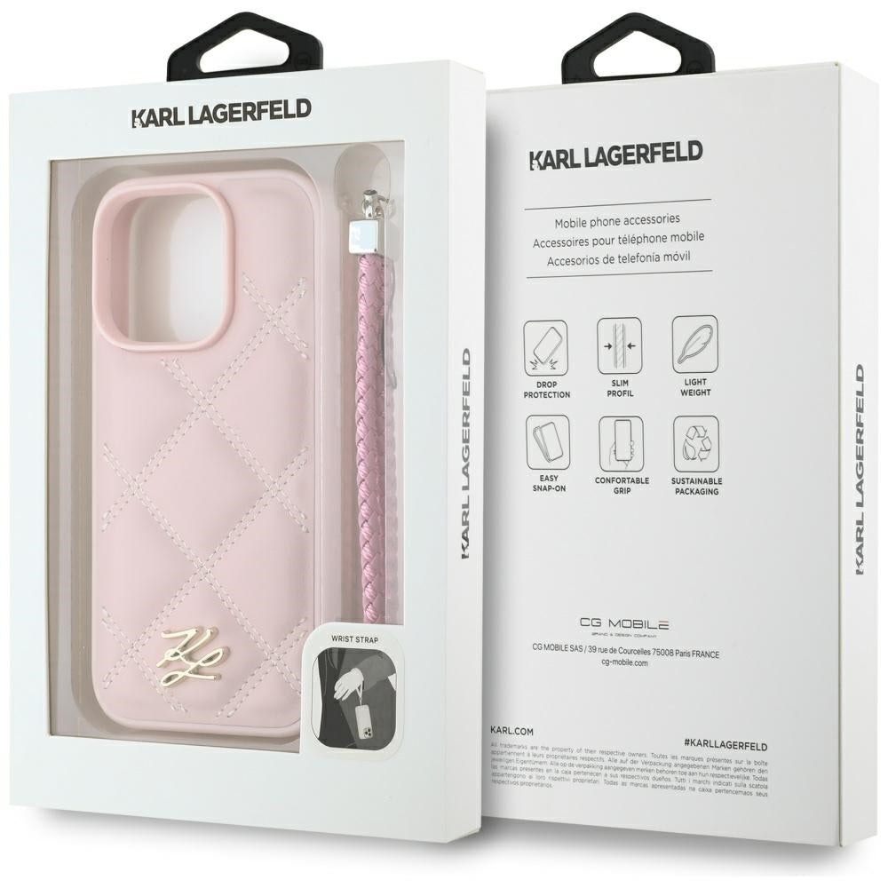 Case for Apple iPhone 16 Pro Max, Karl Lagerfeld, Quilted Initial Logo & Chain Strap, Pink