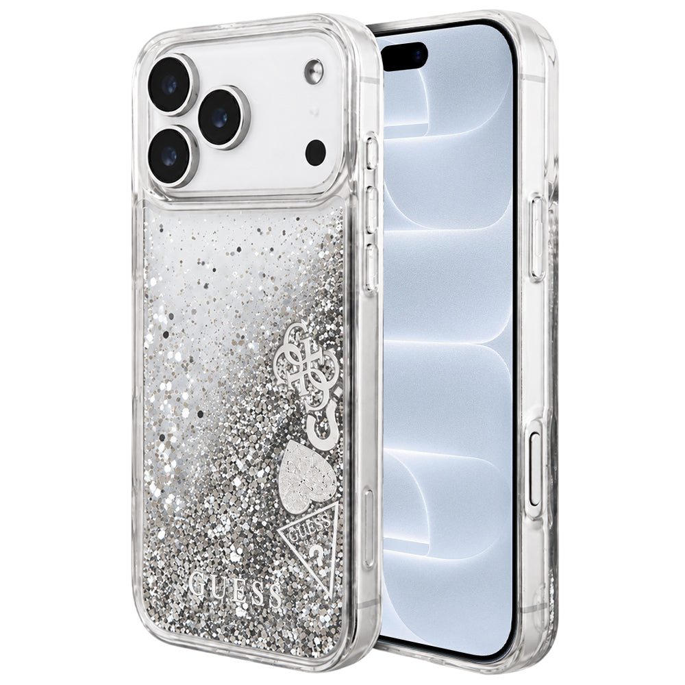 Case for Apple iPhone 18 Pro / 17 Pro, Guess, Liquid Glitter Charms, Silver