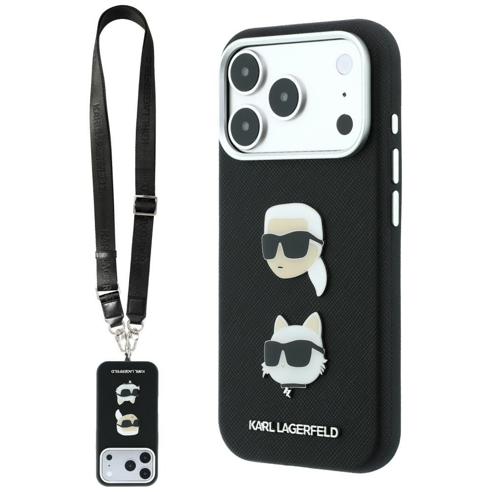 Case for Apple iPhone 18 Pro Max / 17 Pro Max, Karl Lagerfeld, Saffiano Crossbody Karl & Choupette Head's Pins Logo, Black