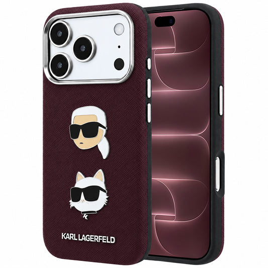 Case for Apple iPhone 18 Pro Max / 17 Pro Max, Karl Lagerfeld, Saffiano with Karl & Choupette Head's Pin and Logo, Burgundy
