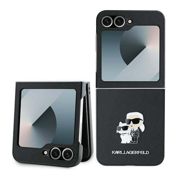Case for Samsung Galaxy Z Flip7 FE F761 / Z Flip6 F741, Karl Lagerfeld, Saffiano Karl & Choupette Metal, Black
