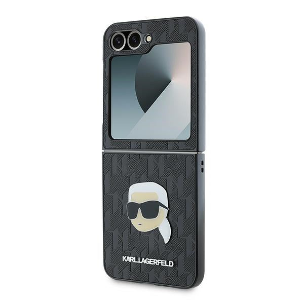 Case for Samsung Galaxy Z Flip7 FE F761 / Z Flip6 F741, Karl Lagerfeld, Saffiano Monogram Karl's Head Metal, Black