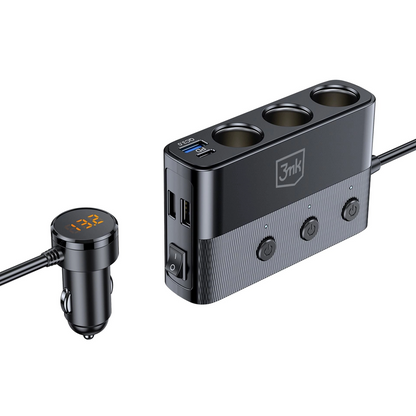 3MK Power Splitter Car Charger, 120W, 3A, 3 x USB-A - 1 x USB-C - 3 x Cigarette Lighter Extension, Black