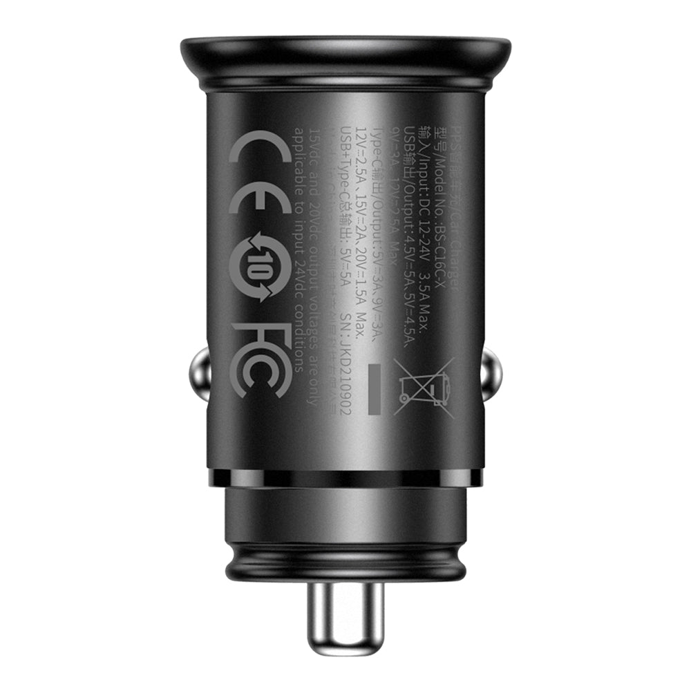 Incarcator Auto Baseus Circular Metal, 30W, 5A, 1 x USB-A - 1 x USB-C, Negru