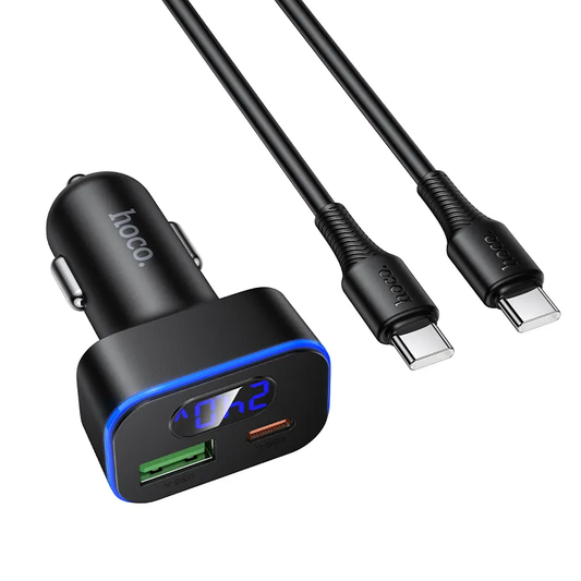 Car Charger with USB-C Cable HOCO Z63B Display, 48W, 3A, 1 x USB-A - 1 x USB-C, Black