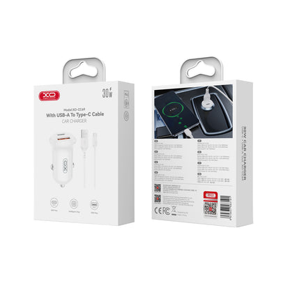 Car Charger with USB-C Cable XO Design CC69, 30W, 3A, 1 x USB-A - 1 x USB-C, White