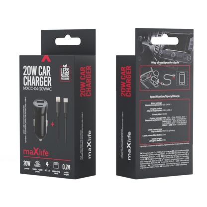 Car Charger with Lightning Cable MaXlife MXCC-04, 20W, 3A, 1 x USB-A - 1 x USB-C, Black