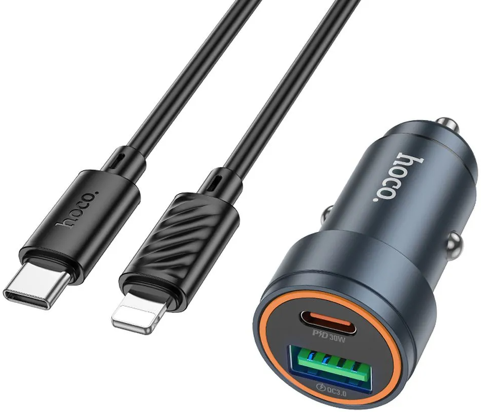 Car Charger with Lightning Cable HOCO Z57A, 30W, 3A, 1 x USB-A - 1 x USB-C, Gray